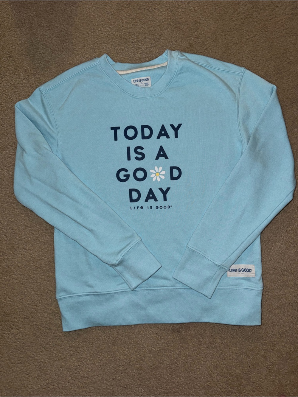 Life Is Good Light Blue Crewneck Sweatshirt with Navy Print